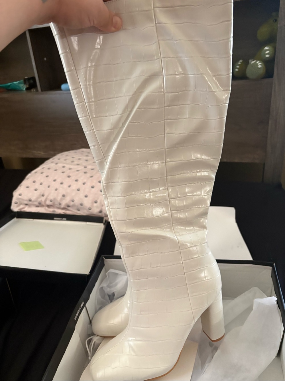 PrettyLittleThing White Croc-Embossed Over-the-Knee Block Heel Boots